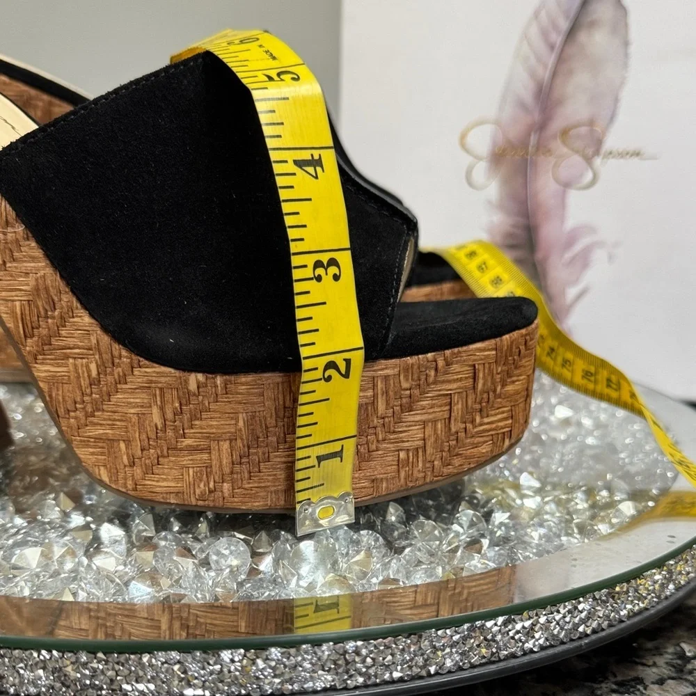Jessica Simpson Black Suede Platform Mule Heels with Woven Brown Platform